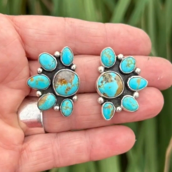 925 Sterling Silver Jewelry - Turquiose Half Cluster Sterling Silver Earrings